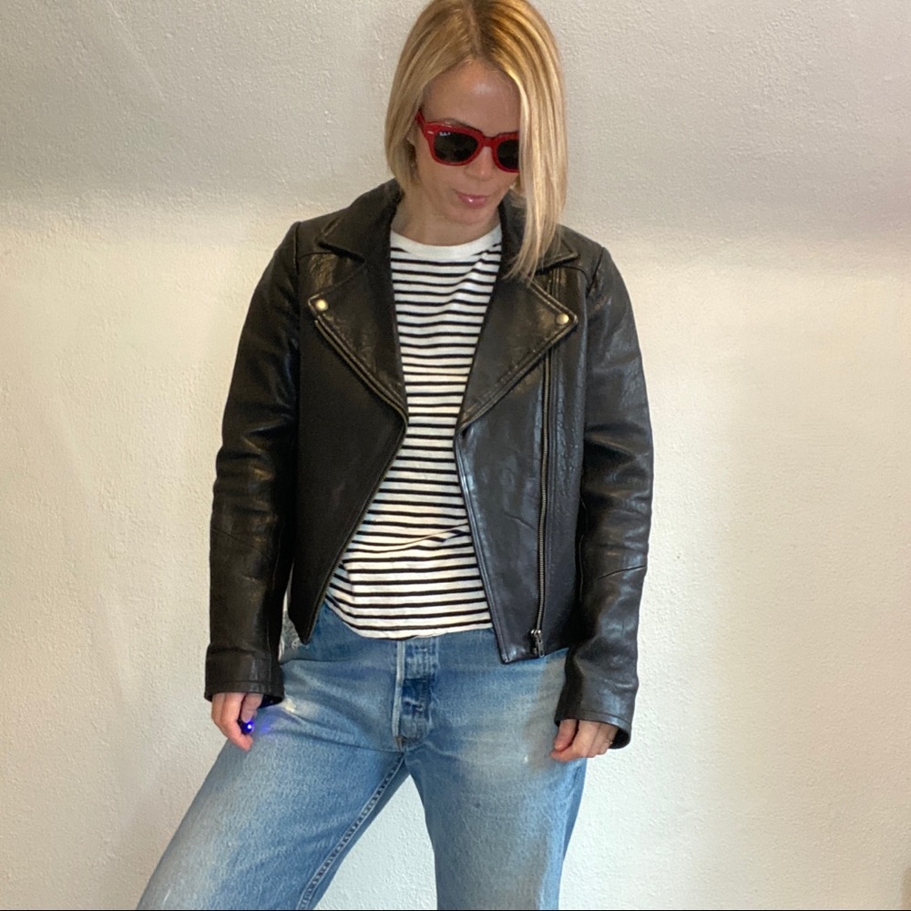 J Crew Collection Tumbled Washed Black Leather Biker Moto Motorcycle Jacket